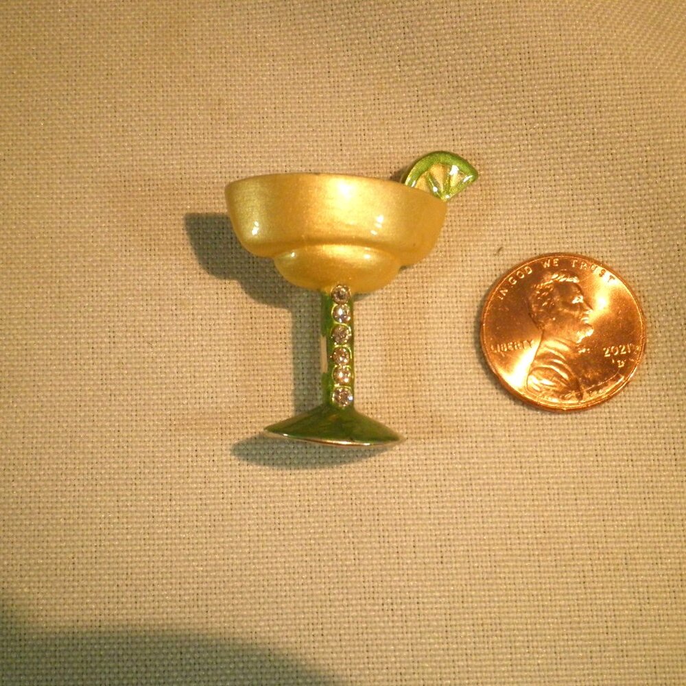 Martini Glass Brooch Rhinestone Crystal & Metal Enamel